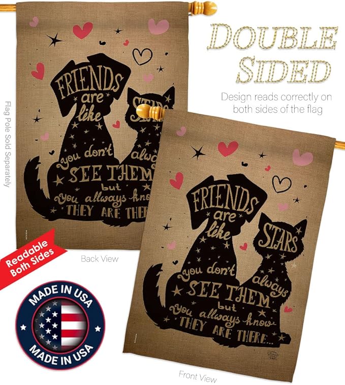Friends are Like Stars House Flag 2 pcs Pack Dog Puppy Spoiled Paw Canine Fur Pet Nature Farm Animal Creature Decoration Banner Small Garden Yard Gift Double-Sided, Made in USA