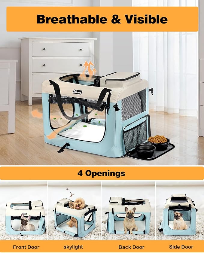 Extra Large Dog Crate with 2 Foldable Bowl, 32 Inch Collapsible Travel Dog Crate Kennel with Soft Blanket for Medium Dogs,Indoor & Outdoor (32" L x 23" W x 23" H, Blue)