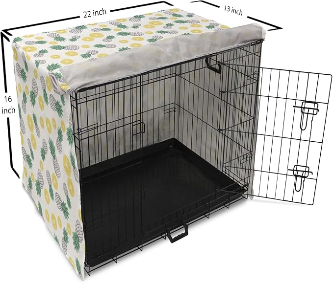 Lunarable Pineapple Dog Crate Cover, Doodle Style Whole and Sliced Pieces, Easy to Use Pet Kennel Cover for Small Dogs Puppies Kittens, 22 Inch, White Yellow Jade Green