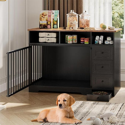 Dog Crate Furniture for Small Dogs, Wooden Dog Kennel Indoor with Storage Shelves, 3 Drawers & Hidden Bowl, Modern Pet Cage Side End Table, up to 120 lb, 48" L, Steel Lock, Black