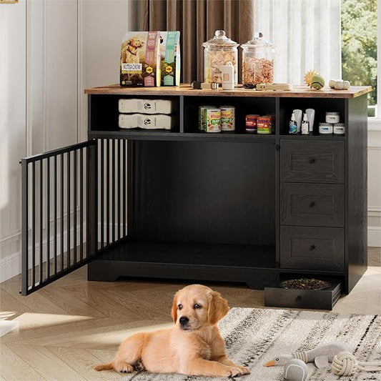 Dog Crate Furniture for Small Dogs, Wooden Dog Kennel Indoor with Storage Shelves, 3 Drawers & Hidden Bowl, Modern Pet Cage Side End Table, up to 120 lb, 48" L, Steel Lock, Black