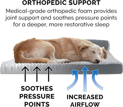 Furhaven Orthopedic Dog Bed for Large/Medium Dogs w/ Removable Bolsters & Washable Cover, For Dogs Up to 55 lbs - Two-Tone Plush Faux Fur & Suede L Shaped Chaise - Stone Gray, Large