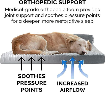 Furhaven Orthopedic Dog Bed for Medium/Small Dogs w/ Removable Bolsters & Washable Cover, For Dogs Up to 35 lbs - Two-Tone Plush Faux Fur & Suede L Shaped Chaise - Stone Gray, Medium