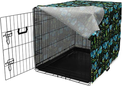 Lunarable Floral Dog Crate Cover, Abstract Flower Bouquets Dragonflies Ladybugs Butterflies on Dark, Easy to Use Pet Kennel Cover for Small Dogs Puppies Kittens, 22 Inch, Blue Green and Charcoal Grey