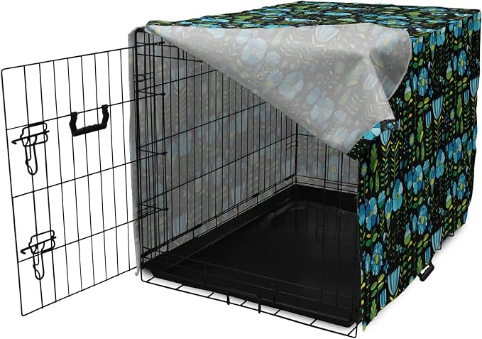 Lunarable Floral Dog Crate Cover, Abstract Flower Bouquets Dragonflies Ladybugs Butterflies on Dark, Easy to Use Pet Kennel Cover for Cats & Medium Dogs, 30 Inch, Blue Green and Charcoal Grey