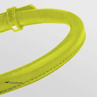 CollarDirect Rolled Leather Dog Collar, Soft Padded Round Puppy Collar, Handmade Genuine Leather Collar Dog Small Large Cat Collars 13 Colors (6-7 Inch, Lime Green Textured)