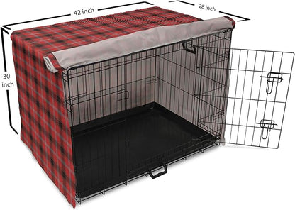 Lunarable Buffalo Plaid Dog Crate Cover, Arrangement with Lumberjack Themes Geometric Concept Pattern Print, Easy to Use Pet Kennel Cover for Medium Large Dogs, 42 Inch, Vermilion and Grey