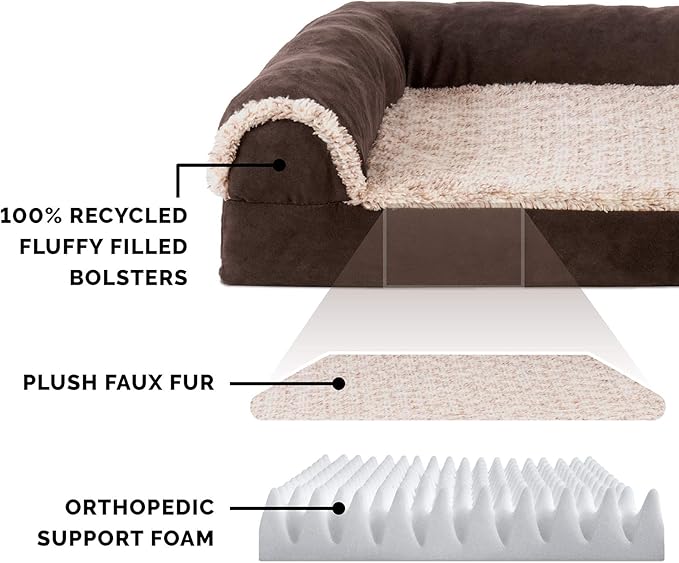 Furhaven Orthopedic Dog Bed for Large/Medium Dogs w/ Removable Bolsters & Washable Cover, For Dogs Up to 55 lbs - Two-Tone Plush Faux Fur & Suede L Shaped Chaise - Espresso, Large