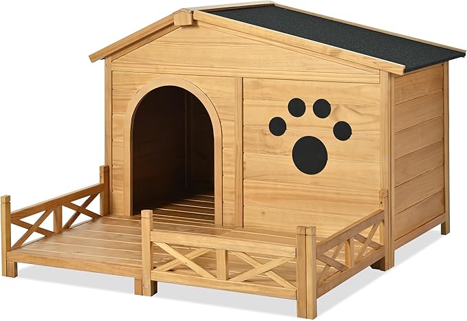 48" Wooden Dog House,Dog Kennel with Wide Porch,Water-Resistant Asphalt Roof and Fence,Indoor & Outdoor Dog Crate W/Paw Print Design,Easy Assembly & Cleaning,for Medium Dogs,Natural