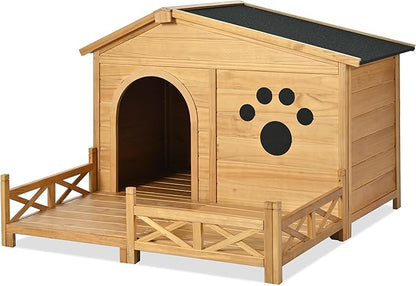 48" Wooden Dog House,Dog Kennel with Wide Porch,Water-Resistant Asphalt Roof and Fence,Indoor & Outdoor Dog Crate W/Paw Print Design,Easy Assembly & Cleaning,for Medium Dogs,Natural