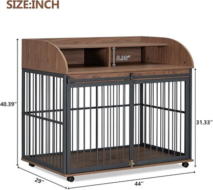 Merax 44" Heavy Duty Large Medium Dog Crate, Wooden Metal Kennel Pet Cage with Lockable Wheels & End Table Double Layer Storage Indoor Furniture, Brown