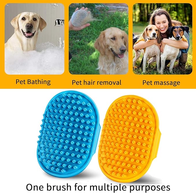 Dog Bath Brush | Dog Grooming Brush, Dog Shampoo Massage Bath Brush Comb with Adjustable Loop Handle for Grooming Short and Long Hair Cats and Dogs, 2pcs(Plum Brush Heads, Blue + Orange)