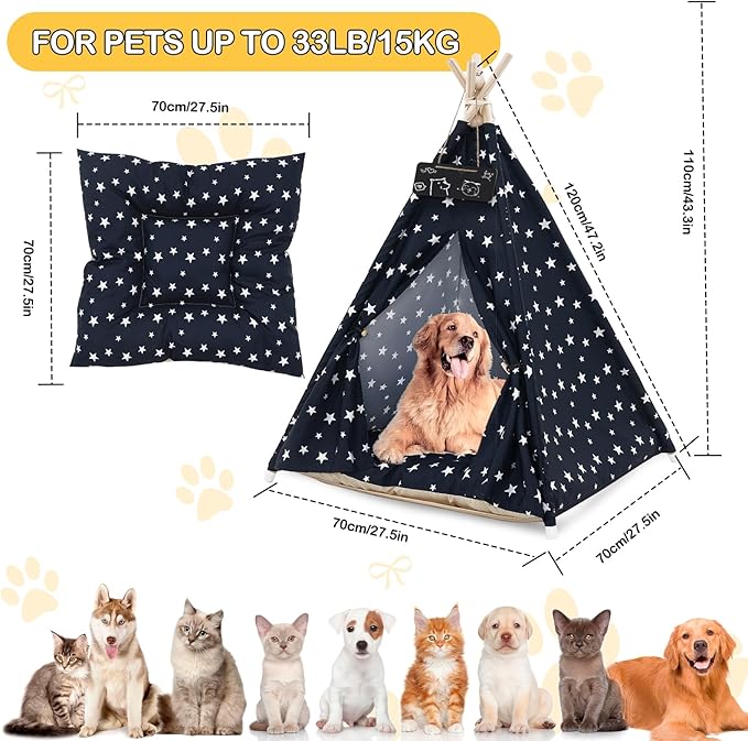 Pet Teepee Tent for Dogs & Cats, 24 Inch & 43 Inch Portable Indoor Dog House with Thick Cushion, Cat Teepee Washable Tent Dog Teepee Bed Indoor (43 Inch, Navy Blue Stars)
