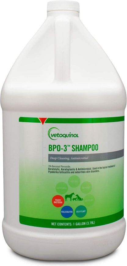 Vetoquinol BPO-3 Shampoo for Dogs, Cats & Horses (3% Benzoyl Peroxide) – 128oz – Deep Cleaning, Medicated Shampoo Opens & Flushes Hair Follicles – Degreases Oily Coats – Soothes Red, Flaky, Itchy Skin