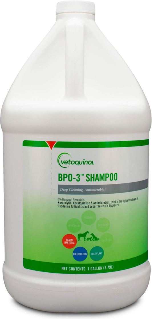 Vetoquinol BPO-3 Shampoo for Dogs, Cats & Horses (3% Benzoyl Peroxide) – 128oz – Deep Cleaning, Medicated Shampoo Opens & Flushes Hair Follicles – Degreases Oily Coats – Soothes Red, Flaky, Itchy Skin