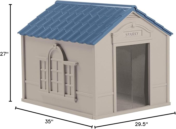 Suncast Deluxe Dog House for Dogs up to 100 Pounds with Removable Roof, Vents, Crowned Channeled Floor, and Personalization Labels, Taupe/Blue