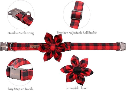 Uniqe Style Paws Christmas Grid Dog Collar, Female or Male Adjustable Dog Collar with Flower, Durable Floral Pattern Pet Collar for X-Large Dogs