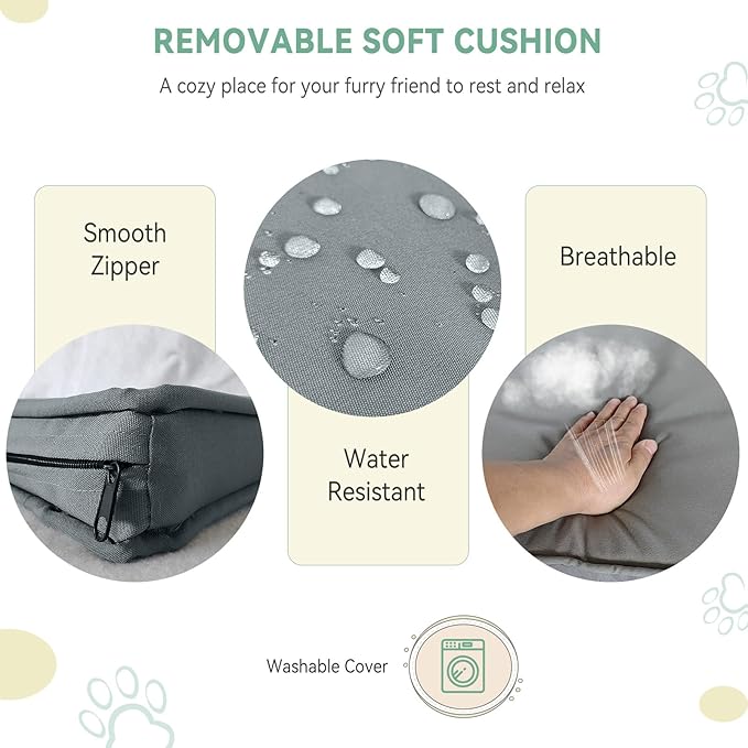 32" Wicker Dog House with Canopy, Indoor/Outdoor Elevated Rattan Dog Bed with Water-Resistant Soft Cushion, Large Outside Raised Dog Shelter with Roof for Small, Medium, and Large Dogs, Gray