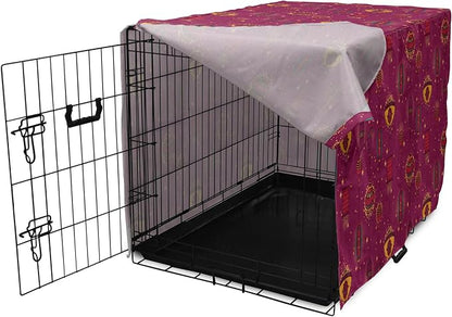 Lunarable Folkloric Dog Crate Cover, Cultural Inspirations Oriental Party Celebration Art Traditional Design, Easy to Use Pet Kennel Cover for Small Dogs Puppies Kittens, 22 Inch, Magenta and Yellow