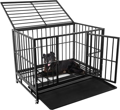 42 inch Heavy Duty Dog Crate with Lockable Wheels, Escape Proof Dog Crate cage Kennel for Large Dogs, High Anxiety Indestructible Dog cage, Double Door and Removable Tray