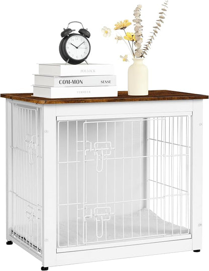 DWANTON Dog Crate Furniture with Cushion, Wooden Dog Crate with Double Doors, Dog Furniture, Dog Kennel Indoor for Small Dog，End Table, 27.2" L, White+Rustic Brown