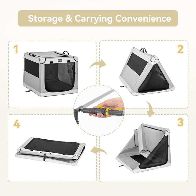 PETSFIT Portable Dog Crate, Soft Dog Crate - 24 Inch Easy Set-up, Light, Sturdy, Comfy Inside with Thicken Mat, Portable Kennel for Home and Travel Light Grey