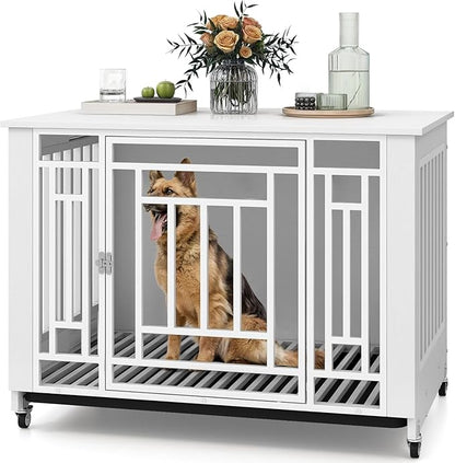 YITAHOME Dog Crate Furniture, 38.2" Heavy Duty Dog Cage, Wooden Side End Table with Wheels, Chew-Resistant Metal Dog Kennel with Removable Tray, Dog House Indoor for Small Medium Dogs, White