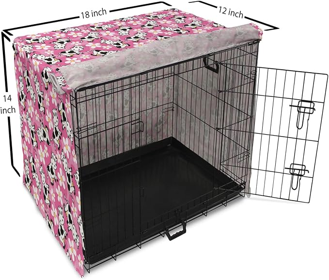 Lunarable Cow Dog Crate Cover, Cartoon Pattern Domestic Farm Animal and Daisy Flowers, Easy to Use Pet Kennel Cover for Small Dogs Puppies Kittens, 18 Inch, Pink Charcoal Grey