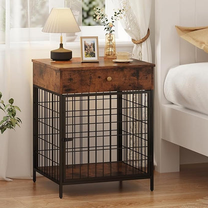 Small Dog Crate End Table,Dog Crate Furniture, Dog Kennel End Table with Storage Drawer, Chew-Proof Metal Fence, Lockable Door, Wooden Pet Cage Side Table Indoor