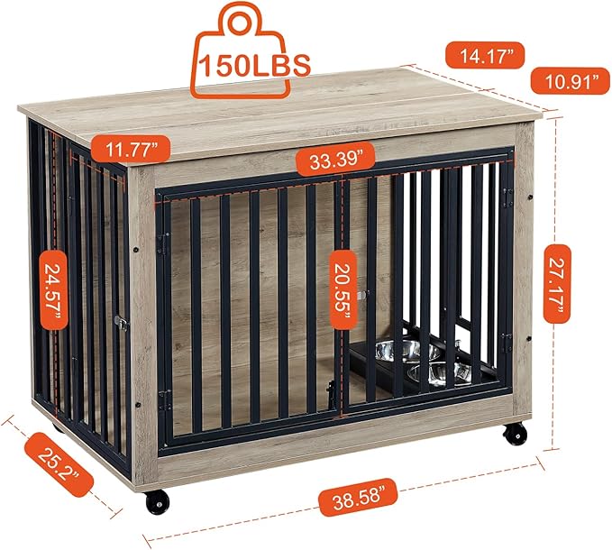 Dog Crate Furniture, Dog House Indoor with Feeding Bowl and Wheels, Wood Dog Crate Dog Kennels Decorative Dog Crate for Small Medium Dogs Grey 38.58" W x 25.2" D x 27.17" H One Size