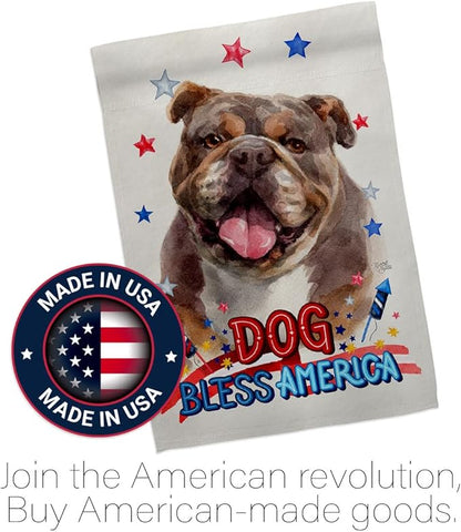 Breeze Decor Patriotic Chocolate Bulldog House Flag Dowel Set Dog Puppy Spoiled Paw Canine Fur Pet Nature Farm Animal Creature Banner Small Garden Yard Gift Double-Sided, Made in USA