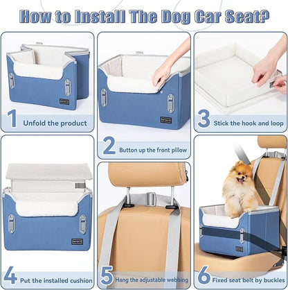 PETSFIT Small Dog Car Seat, Puppy Portable Dog Booster seat for Car with Clip-On Leash, Adjustable Straps Suitable for Small Pets Up to 25lbs (Navy Blue)