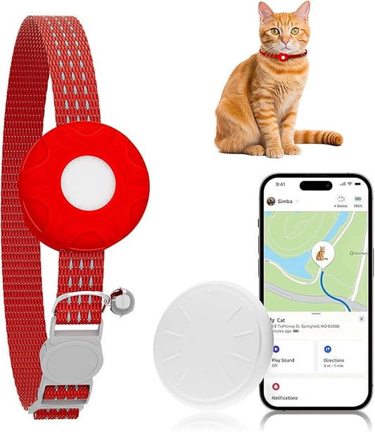 Cat Tracker, Waterproof Pet Tracker for Cats, Cat Tracker Collar with Safety Elastic Buckle, Works with Any Collar,GPS Tracker Compatible with Apple Find My App (Only iOS), No Monthly Fee, Red-40318
