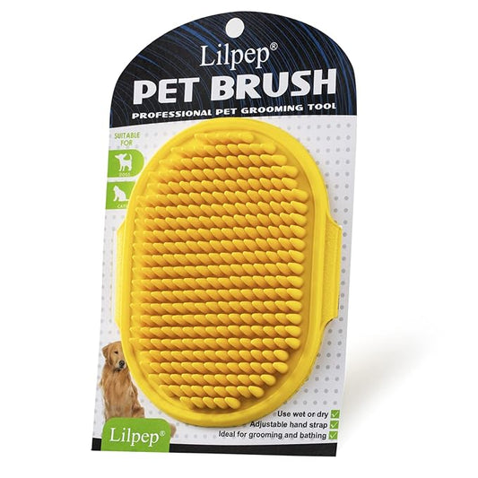 Dog Bath Brush Dog Grooming Brush, Lilpep Pet Shampoo Bath Brush Soothing Massage Rubber Comb with Adjustable Ring Handle for Long Short Haired Dogs and Cats Yellow