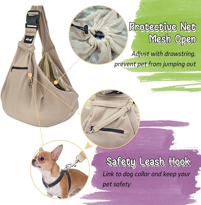 NATUYA Pet Dog Sling Carrier - Dog Sling with Net Bag for Carrier Dogs Cats-Hands Free Pet Bag-Buckle net Pocket pet Bag (Khaki)
