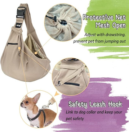 NATUYA Pet Dog Sling Carrier - Dog Sling with Net Bag for Carrier Dogs Cats-Hands Free Pet Bag-Buckle net Pocket pet Bag (Khaki)