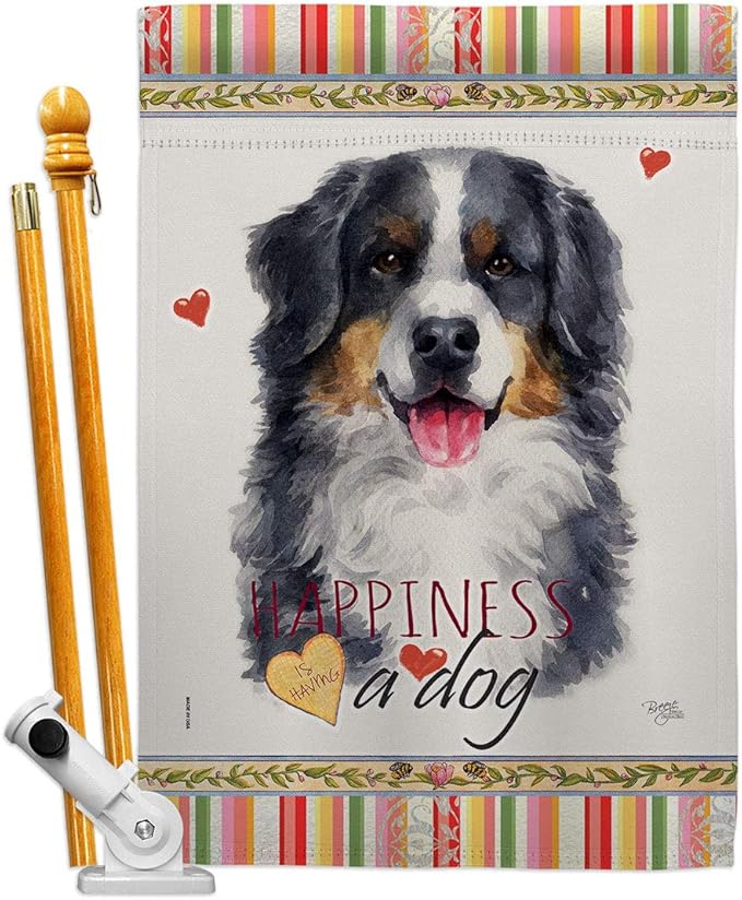 Breeze Decor Bernese Mountain Happiness House Flag Set Dog Puppy Spoiled Paw Canine Fur Pet Nature Farm Animal Creature Decoration Banner Small Garden Yard Gift Double-Sided, Made in USA