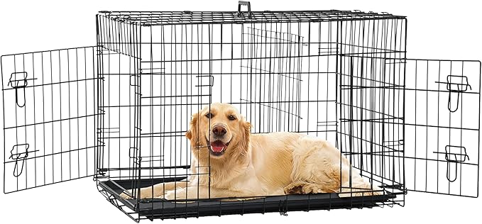 Furniture of America Yucca Metal Double Door Folding Wire Pet Crate with Divider, Removable Tray, and Handle for Outdoor and Indoor Medium Dog, 48-inch, Black