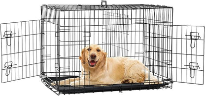 24/7 Shop at Home Gossamer Metal Double Door Folding Wire Pet Crate with Divider, Removable Tray, and Handle for Outdoor and Indoor Medium Dog, 48-inch, Black