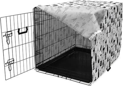 Lunarable Halloween Dog Crate Cover, Horror Pattern Tombstone Kitty Owl Voodoo Trick or Treat Pumpkin, Easy to Use Pet Kennel Cover for Medium Large Dogs, 42 Inch, Grey Black Charcoal