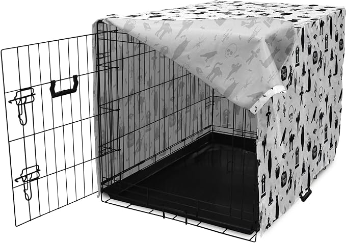 Lunarable Halloween Dog Crate Cover, Horror Pattern Tombstone Kitty Owl Voodoo Trick or Treat Pumpkin, Easy to Use Pet Kennel Cover for Small Dogs Puppies Kittens, 22 Inch, Grey Black Charcoal