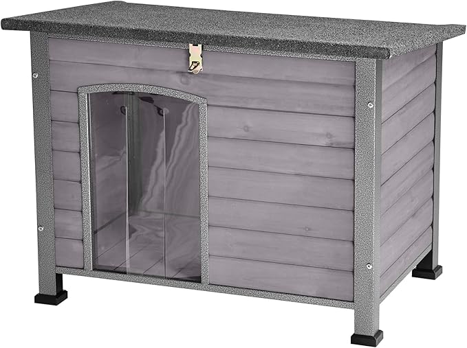 Indoor Outdoor Dog House,Anti-Chewing Iron Frame Dog Kennel,Wood Warm Pets Home,Weatherproof Outside Shelter for Feral Animal 33.5" (L) X 22" (W) X 25.2" (H) Grey