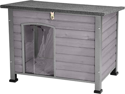Indoor Outdoor Dog House,Anti-Chewing Iron Frame Dog Kennel,Wood Warm Pets Home,Weatherproof Outside Shelter for Feral Animal 33.5" (L) X 22" (W) X 25.2" (H) Grey
