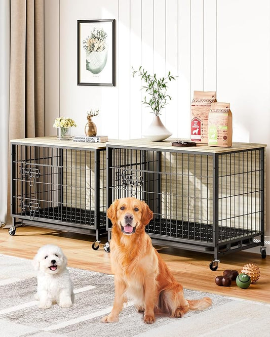 Dog Crate Furniture, Large Dog Kennel with Dual Doors, Removable Tray & 360° Wheels, Indoor Homefor Medium Dogs (Grey & Black, Medium)