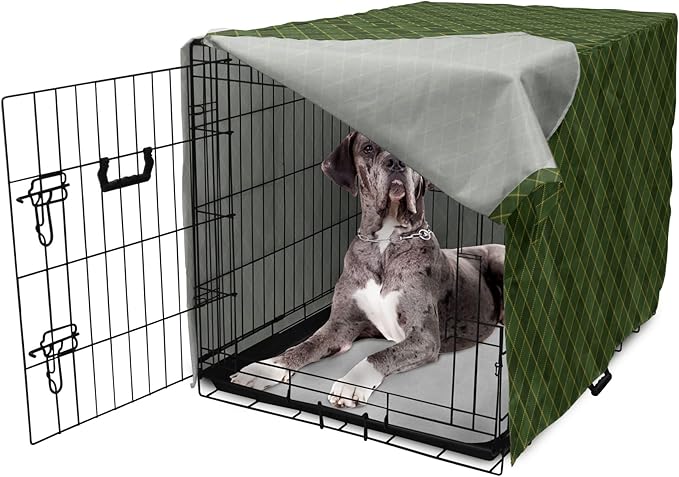 Lunarable Green Dog Crate Cover, Traditional Old Fashioned Argyle Pattern Retro Style Plaid, Easy to Use Pet Kennel Cover for Medium Large Dogs, 48 Inch, Forest Green Green