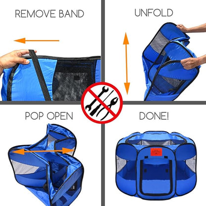 Pop Up Pet Exercise Play Pen Tent Portable Kennel with Weather Resistant Oxford Material, 8 Windows and Removable Zipper Top for Puppies Dogs Kittens Cats Rabbits + More! Includes Bag