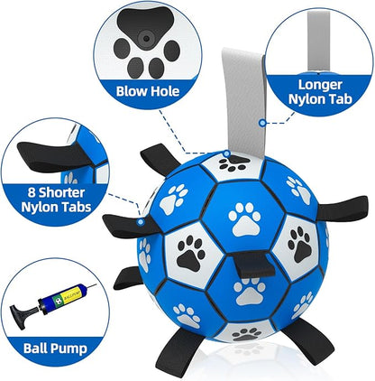QDAN Dog Ropes Toys Soccer Ball with Straps, Interactive Dog Toys for Tug of War, Puppy Birthday Gifts, Dog Tug Toy, Dog Water Toy, Durable Dog Balls for Small & Medium Dogs-Blue&Grey（6 Inch）