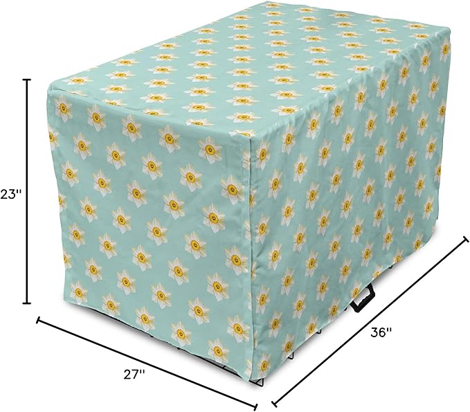 Lunarable Daffodil Dog Crate Cover, Pastel Nature Pattern with Spring Field Theme Narcissus Flower Heads, Easy to Use Pet Kennel Cover for Medium Large Dogs, 36 Inch, Seafoam Cream Yellow