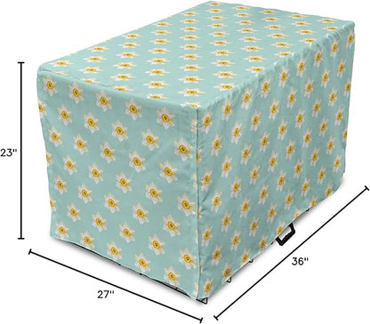 Lunarable Daffodil Dog Crate Cover, Pastel Nature Pattern with Spring Field Theme Narcissus Flower Heads, Easy to Use Pet Kennel Cover for Medium Large Dogs, 36 Inch, Seafoam Cream Yellow