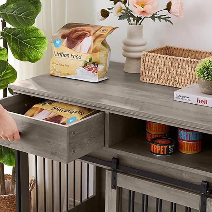Sliding Door Dog Crate with Drawers. Grey,35.43'' W x 23.62'' D x 33.46'' H